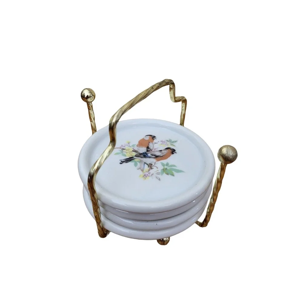 Set‎ of 4 Ceramic Porcelain Drink Coasters Vintage Birds Taiwan Carrying Caddy